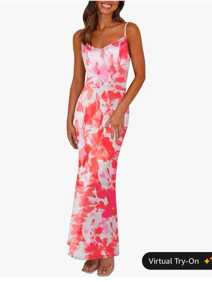 Amazon Pink And White Watercolor Slip Maxi Dress